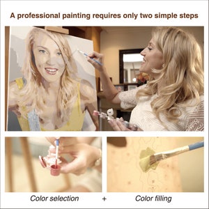 May include: A woman paints a portrait using paint by numbers. The image shows two steps: color selection and color filling. The woman is holding a paintbrush and a small container of paint.