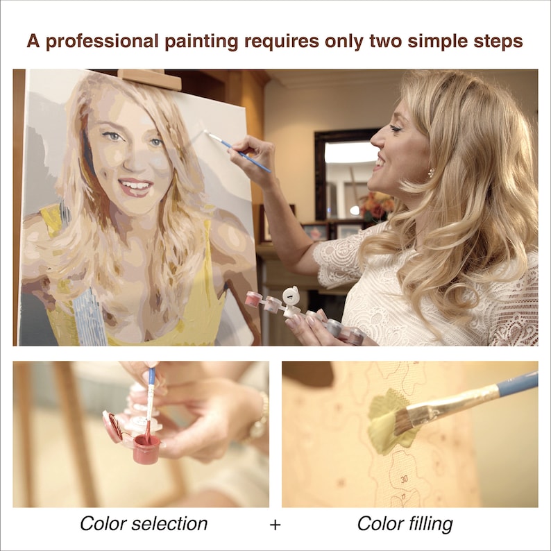 May include: A woman paints a portrait using paint by numbers. The image shows two steps: color selection and color filling. The woman is holding a paintbrush and a small container of paint.
