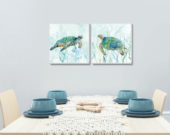 Texture of Dreams Sea Green Turtle  Watercolor Art Prints on Canvas Wall Art  Canvas Art Home Decoration Set of 2
