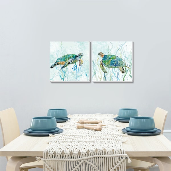 Texture of Dreams Sea Green Turtle  Watercolor Art Prints on Canvas Wall Art  Canvas Art Home Decoration Set of 2