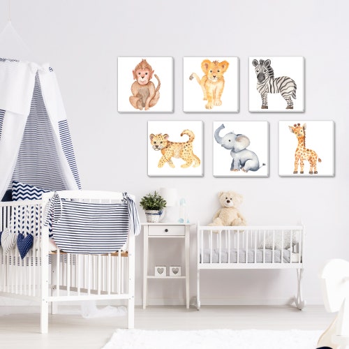 Baby Africa Jungle Animals Watercolor Painting Print on Canvas Wall Art