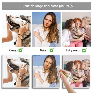 May include: Three images showing examples of paint by numbers kits. The first image shows a person petting a dog. The second image shows a woman with long brown hair. The third image shows two people hugging.