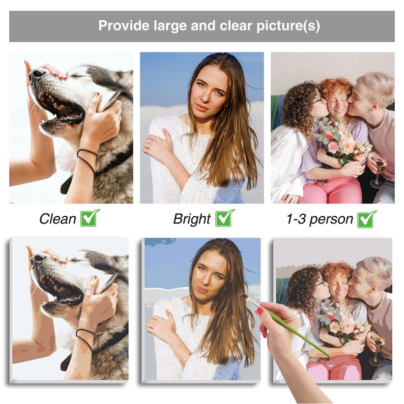 May include: Three images showing examples of paint by numbers kits. The first image shows a person petting a dog. The second image shows a woman with long brown hair. The third image shows two people hugging.