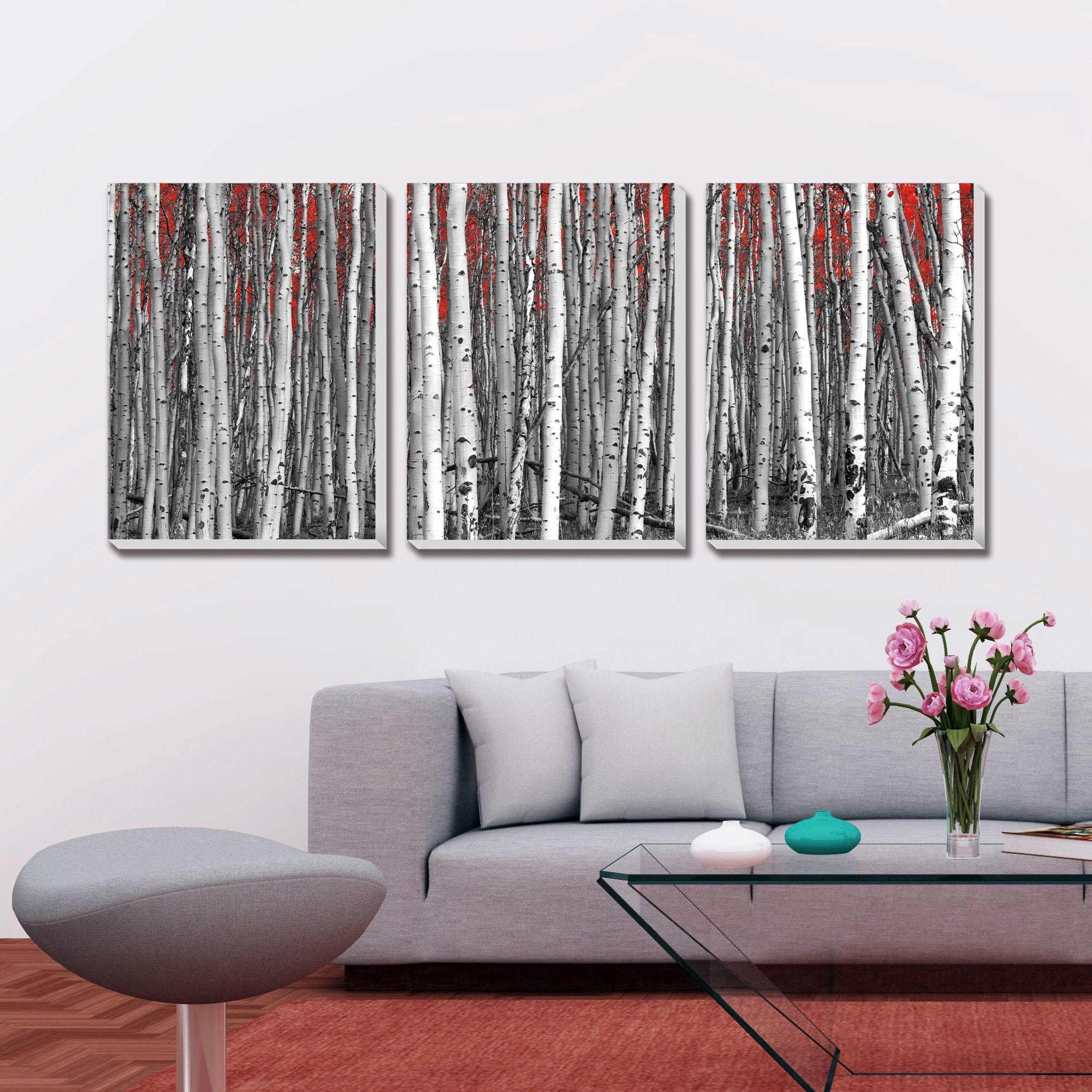 White Birch Tree Forest Autumn Red Leaves Canvas Wall Art | Etsy