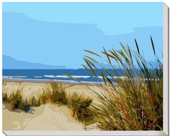 Beach Grass DIY Paint By Numbers Kit for Adults, Coastal Style Oil Painting Framed Canvas Wall Art, Blue Ocean Landscape Seascape Painting