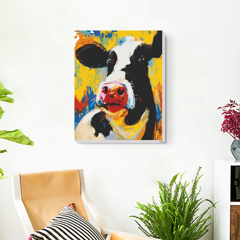 Colorful Cow Paint by Numbers Farm Animal Oil Painting Etsy