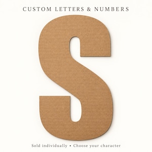May include: A large, flat, brown cardboard letter S with a smooth, matte finish. The text CUSTOM LETTERS & NUMBERS appears at the top, and the text Sold individually • Choose your character appears at the bottom of the image.