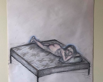Original Pencil Drawing of woman on bed