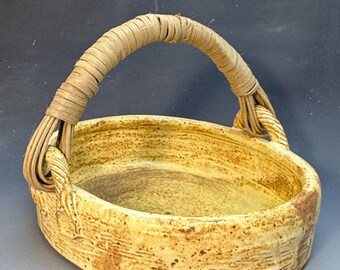 Yellow Stoneware Basket with Reed Handle