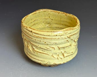 Yellow Stoneware Chawan (Tea Bowl) with Undulating Rim