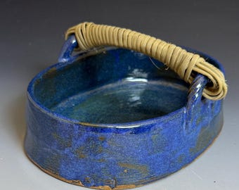 Blue Stoneware "Basket" with Reed Handle