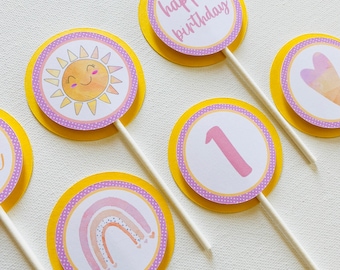 Personalized Sunshine cupcake topper, little girl first birthday. Sunshine party decor.