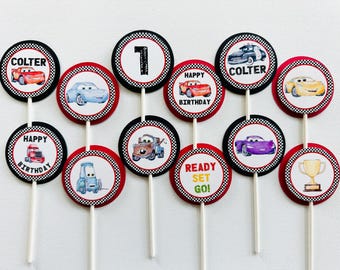 Topos de cupcake de aniversário de Carros, Topos de cupcake de Carros, Cupcake do Relâmpago Mcqueen, Topo de cupcake de Carros, Topos de cupcake de corrida.