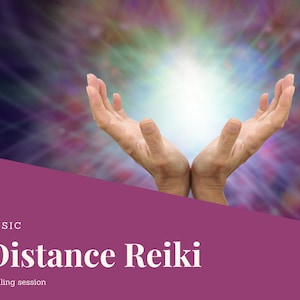 May include: Image features two hands cupped upwards against a backdrop of radiant light. The text "BASIC Distance Reiki Healing session" is displayed on a purple diagonal banner in the lower left corner. The background has a purple and white color scheme.
