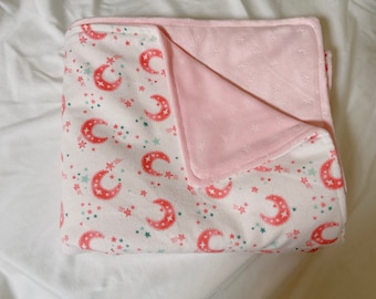 Pink Moon And Stars Baby Blanket | Baby girl | baby shower gift | Minky | Pink nursery |mom to be|sweet baby girl| stars|Moon |nursery decor