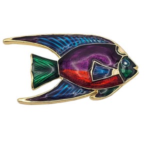 Enameled Tropical Fish Metal Brooch Pin Gold-Tone Finish Rhinestone Eye  2.75&quot;