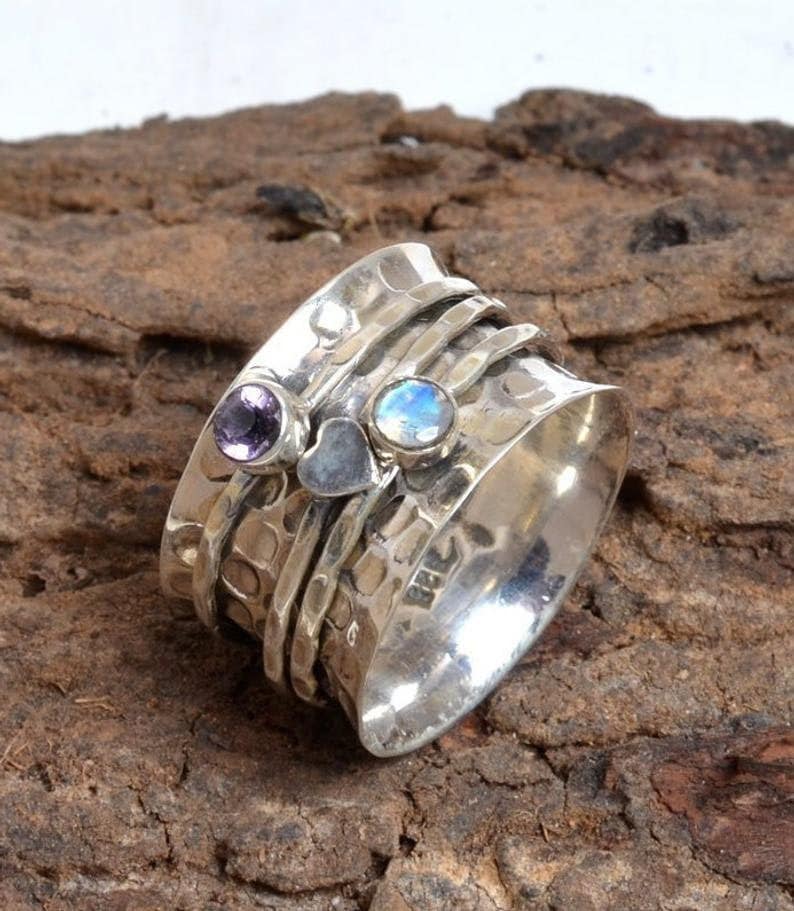 Unique Wide Band Spinner Ring Worry Ring Chunky Fidget Meditation Ring Jewerly Sterling Silver Moonstone Ring for Women Amethyst