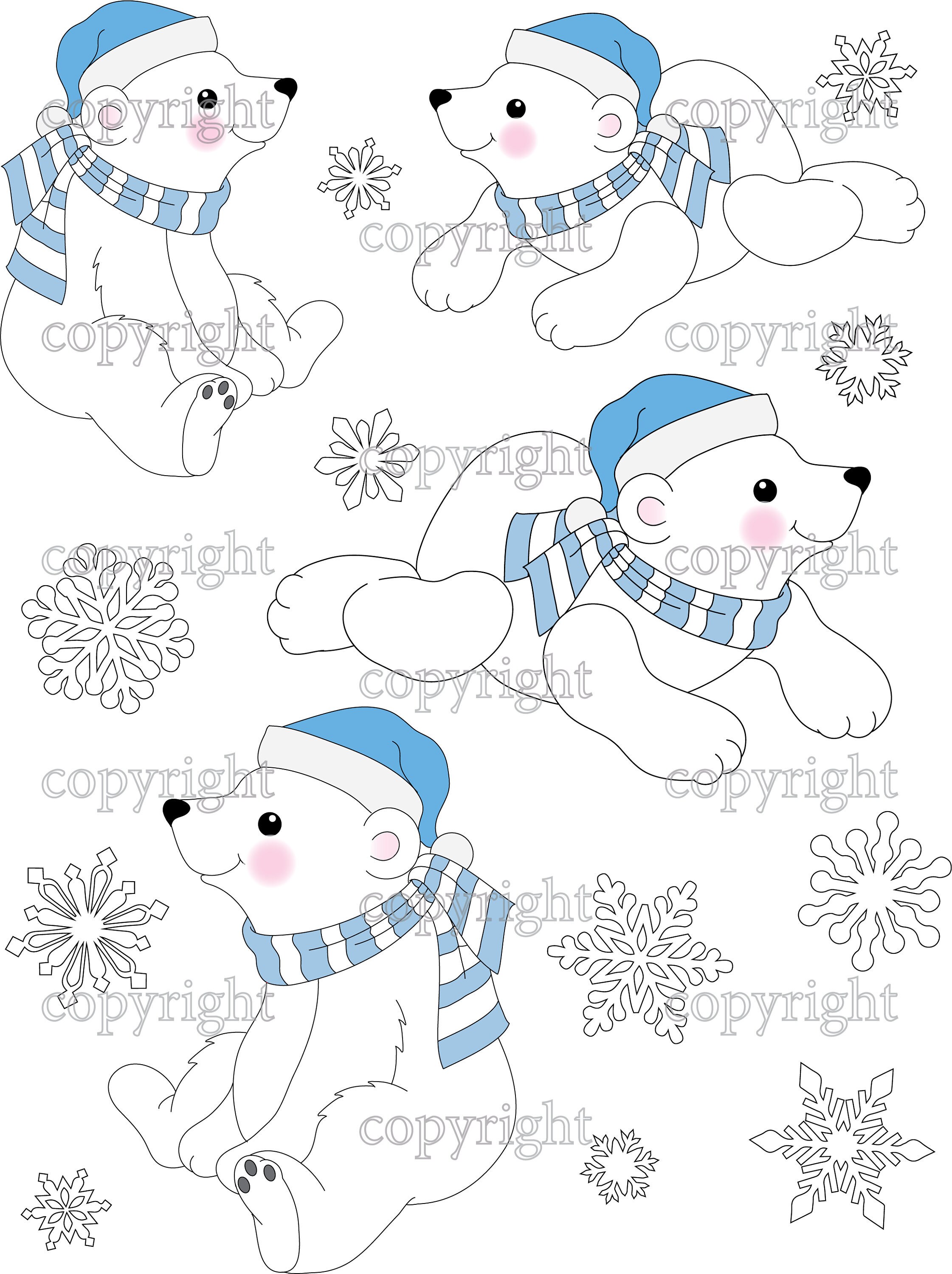 Cute POLAR BEARS and SNOWFLAKES Digital Art Printable Paper - Etsy