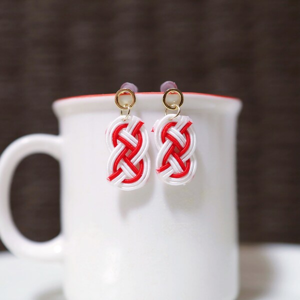 Mizuhiki Earrings (National Flag (Canada/Japan/Singapore/Indonesia/Austria etc.), Titanium Posts, Red and White Mizuhiki)
