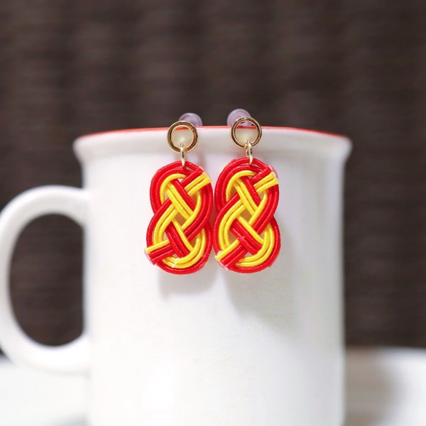 Mizuhiki Earrings (National Flag (Spain), Titanium Posts, Red and Yellow Mizuhiki)