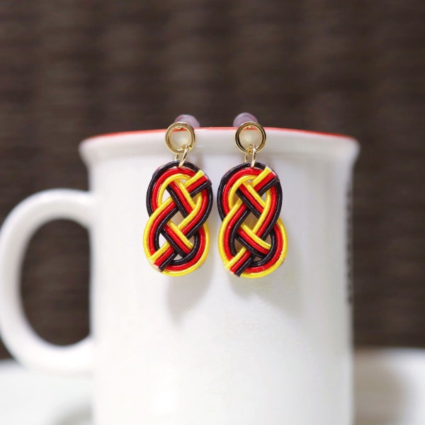 Mizuhiki Earrings (National Flag (Germany), Titanium Posts, Black, Red, and Yellow Mizuhiki)