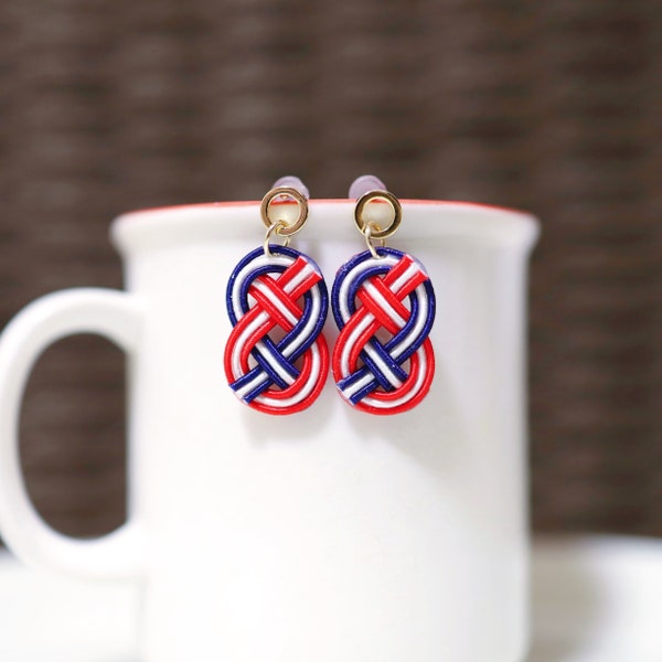 Mizuhiki Earrings (National Flag (USA/UK/Australia/New Zealand /France etc.), Titanium Posts, Green, Red, Navy Blue, and White Mizuhiki)