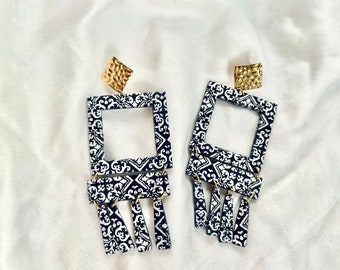 Large navy blue earrings, cement tile jewelry, long gold stainless steel hanging earrings for her