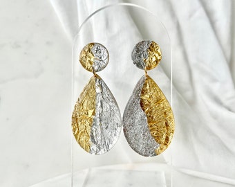 Gold and silver drop fancy earrings in polymer paste and resin, elegant gold stainless steel hanging earrings