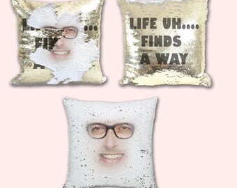 Ian Malcolm Jeff Goldblum Face Life Uh Finds A Way Quote Magic Sequin Cushion Pillow Two Color Reversible Sequin Gold Jurassic Dinosaur