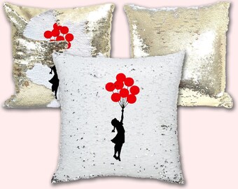 Banksy Floating Balloons Girl Graffiti Urban Street Art Secret Magic Sequin Cushion Pillow Two Color Pillow Reversible Sequin Gold