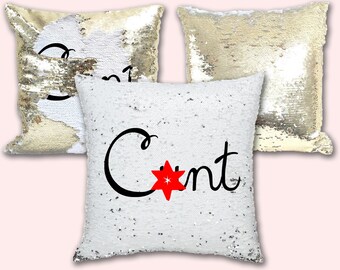 C*nt Swearing Insult Gag Joke Secret Message Magic Sequin Cushion Pillow Two Color Pillow Reversible Sequin Gold