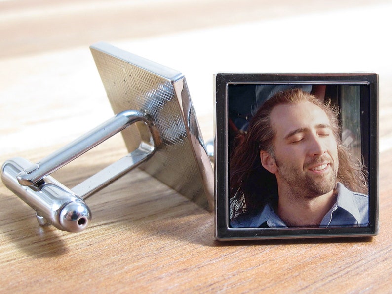 Onetruegod Unique Nic Cage Fan Gift Nicolas Cage Long Hair Con Air National Treasure Cufflinks Square Shape Leonardo da Vinci In Gift Box