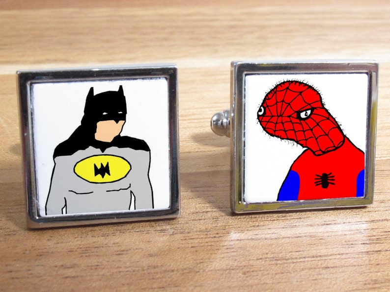 Spodermon /& Botmon Badly Drawn Cartoon Super Hero Dank Reddit Meme Mens Shirt Cufflinks Meme Square Shape Ideal Gift