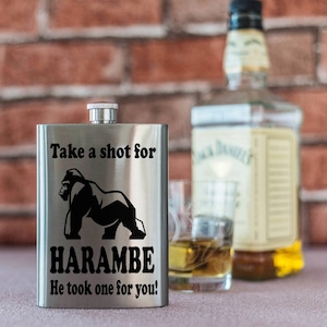 Hambe Gorilla "Take A Shot For Harambe" 8oz Stainless Steel Hip Flask Quote Whisky Spirits Flask Tribute Monkey Animal Flask