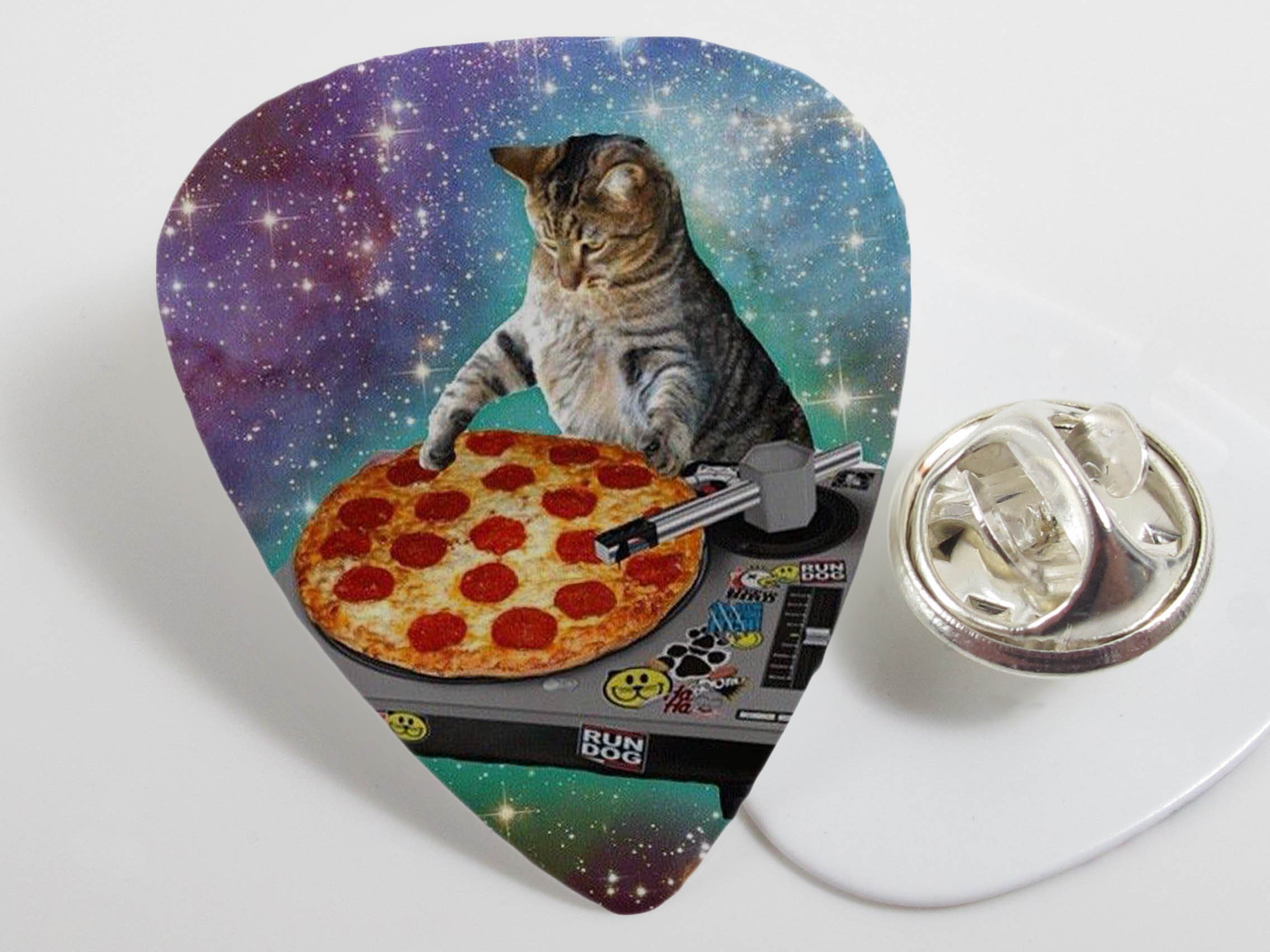 Space Pizza Cat DJ Nebula Galaxy Plectrum Pin Back Badge Brooch Guitar Pick Novelty Musician Gift Cute Pussy Cat Kitten National Pizza Day
