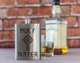 Holy Water Funny 8oz Stainless Steel Hip Flask Quote Whisky Spirits Flask Religious Humour Christian Joke