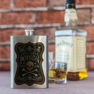 Poison 8oz Stainless Steel Hip Flask Quote Whisky Spirits Flask Wedding Secret Alcohol Walking Hiking
