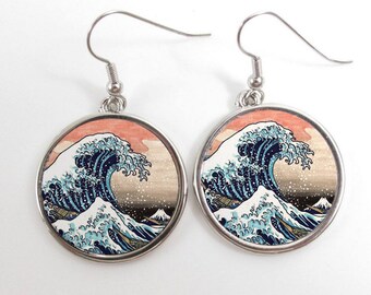 Great Wave Of Kanagawa Pink Hue Earrings Drop Dangling Humor Cute Funny Gift Inc Gift Bag Japanese Art Painting Reddit 4Chan Internet Meme