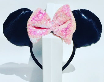 Black Minnie Ears with Pink Sequins bow, Minnie headband, Minnie Mouse Princess Ears, READY TO SHIP