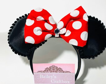 Classic Minnie Mouse Ears, Princess Ears, Red Polka Dot Bow.  READY TO SHIP