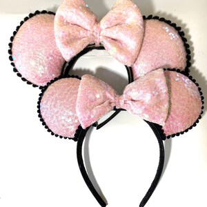 Pink Sparkle Sequins,  Minnie Ears with black trim.Minnie Mouse Ears  READY TO SHIP.