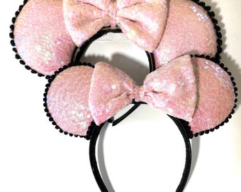 Pink Sparkle Sequins,  Minnie Ears with black trim.Minnie Mouse Ears  READY TO SHIP.