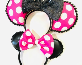 Pink Polka dot Minnie Ears with Black Glitter Bow. Girls Minnie headband, Classic Minnie Mouse Ears.... READY TO SHIP