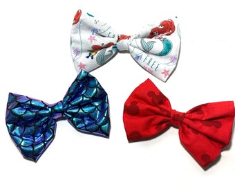 Hair Bow Bundle, Mickey Mouse Red Bow, Ariel Bow, Mermaid Scales Bow, Mermaid Clip