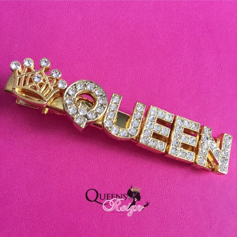 Queen Rhinestone Hair Clip, Personalised Hair clips, Gold custom Hair clips, prom hair clips, wedding hair clips, custom hair clips image 2