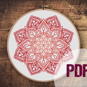 Red Gradient Mandala Cross Stitch Pattern PDF