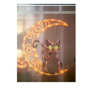 Halloween Lighted Cat on Moon Silhouette Window Decoration - 1 Piece