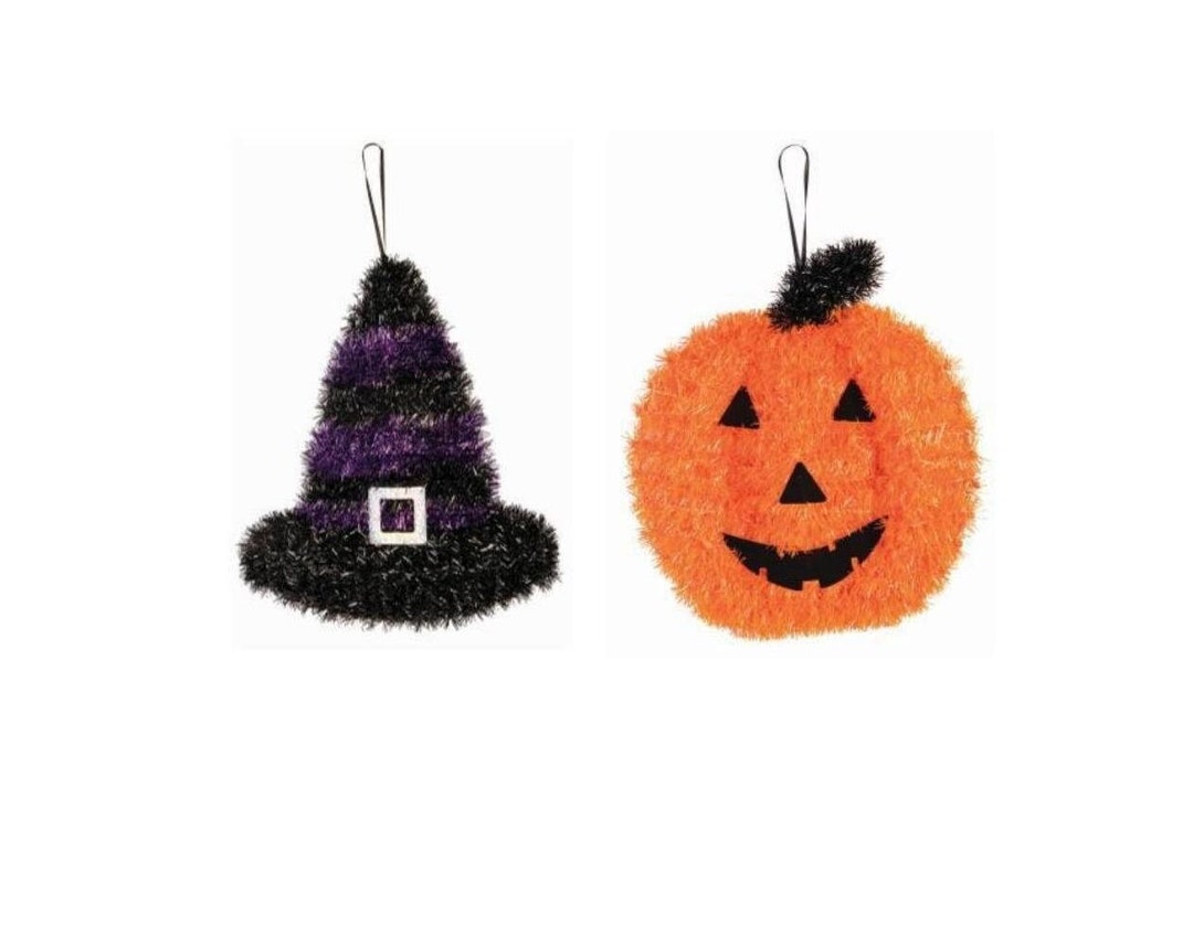 Halloween Tinsel Witch Hat and Pumpkin Jackolantern Combo Hanging Decoration Etsy