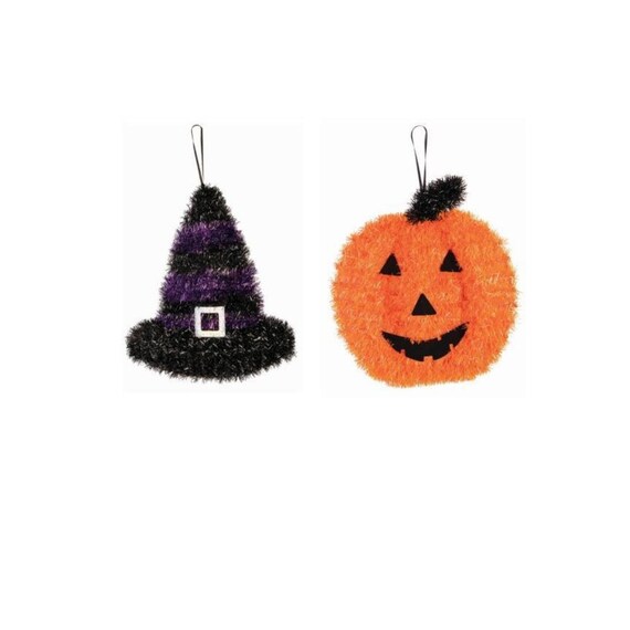 Halloween Tinsel Witch Hat and Pumpkin 