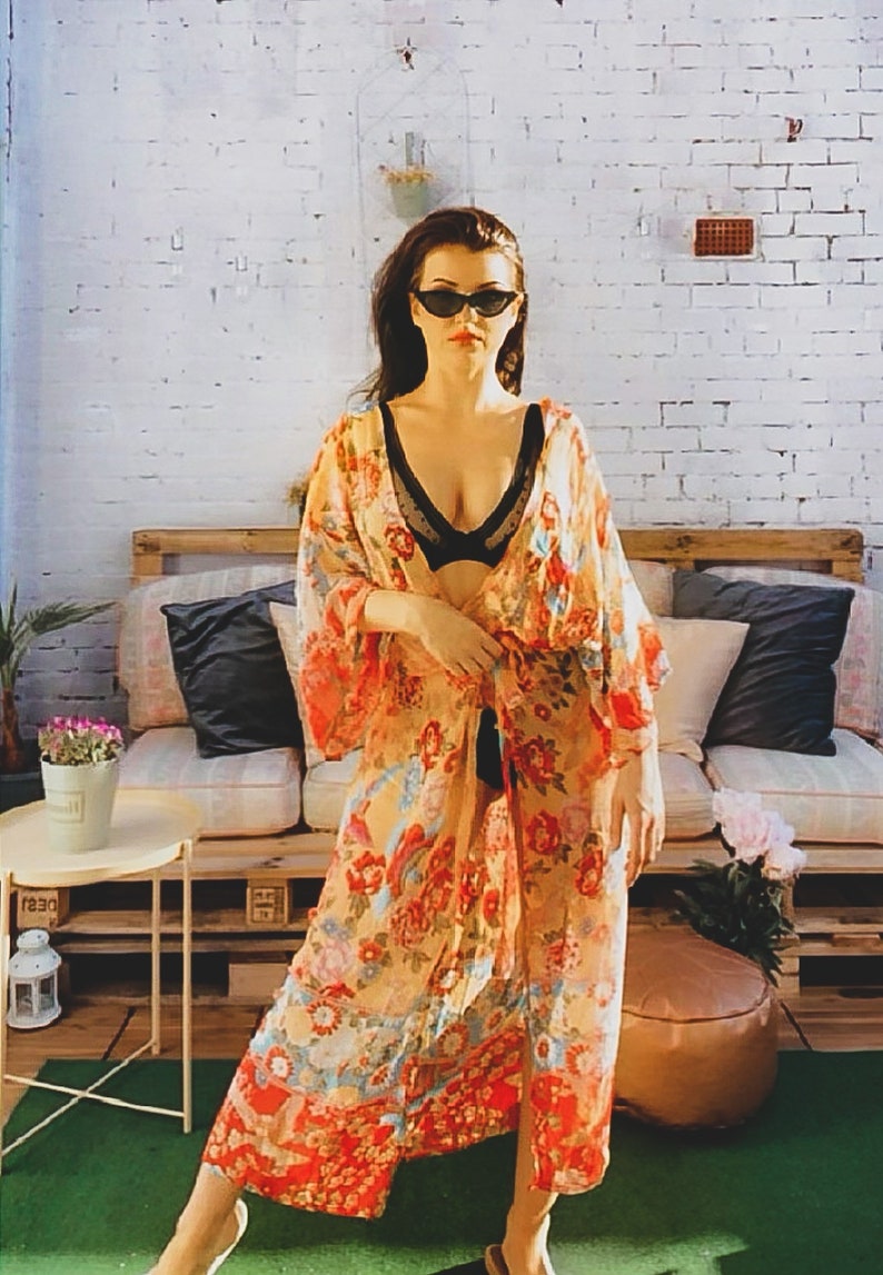 Bohemian Floral Beach Robe Kimono Beach Cover Up Etsy